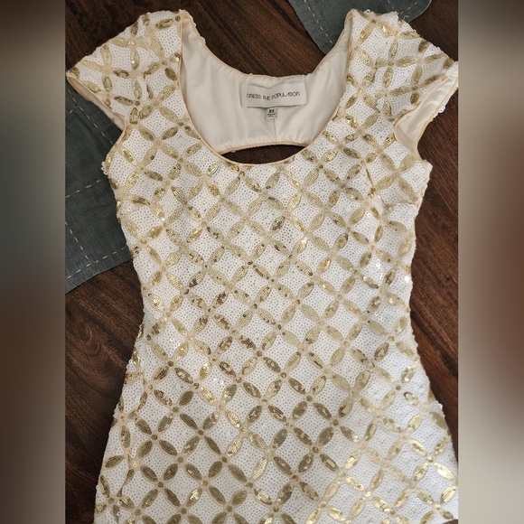 White Gold Sequin Open Back Dress The Population Dress Sz Xs Spring Summer Party - Picture 3 of 6